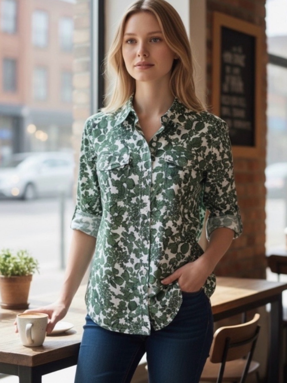 Tory Burch Issy Vine Leaf Button Front Blouse Top Green White Cotton Size 2